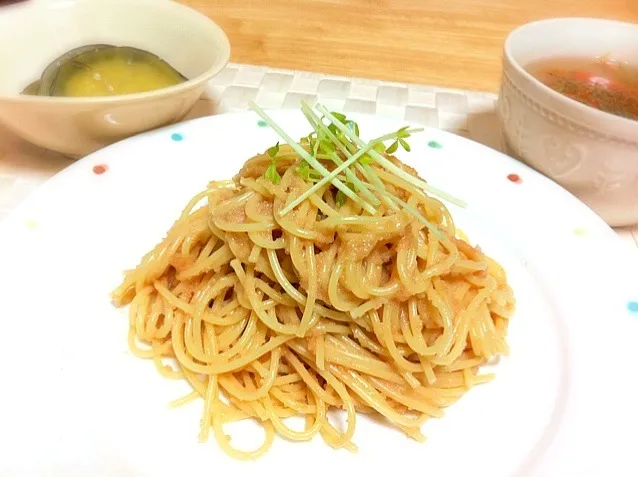 タラコスパ、さつまいもの塩麹煮、野菜スープ|ゆにょさん