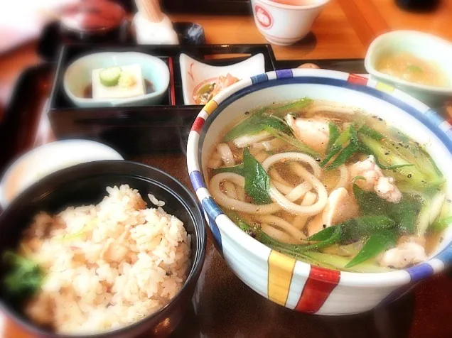 Snapdishの料理写真:美々卯の鶏なんばんうどんと季節のご飯セット|みりんさん