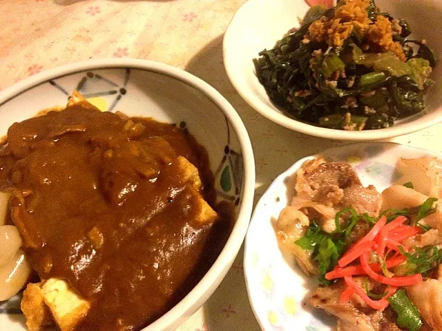 Snapdishの料理写真:厚揚げのカレー掛け   豚挽肉と高菜の炒め煮   豚ソテー|mari miyabeさん