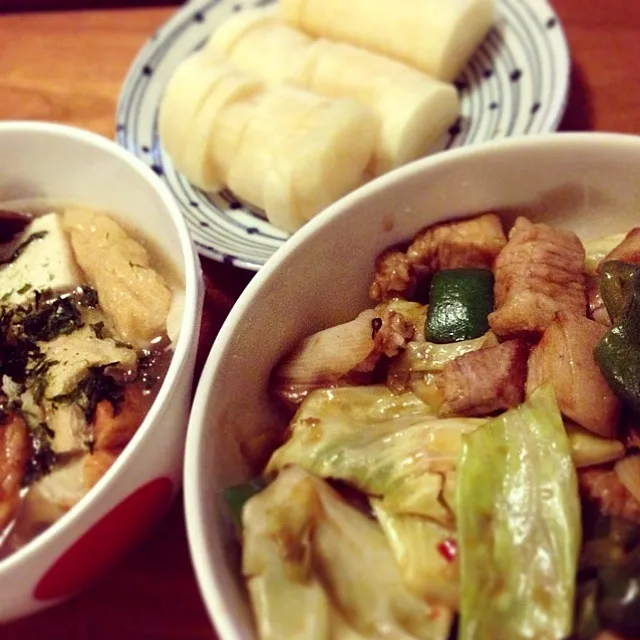 回鍋肉、豆腐とさつま揚げのトロトロ煮、漬物|みどりっちさん