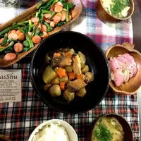 Snapdishの料理写真:ブリ大根，ほうれん草とウィンナー炒め，ハムサラダ|あさみさん