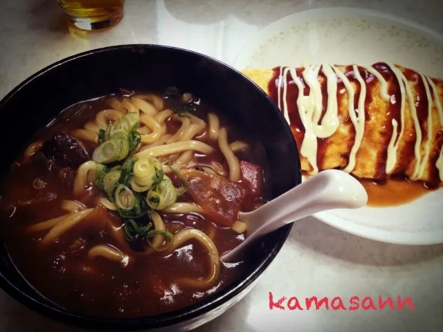 カレーうどん、オムもやし|かまさん