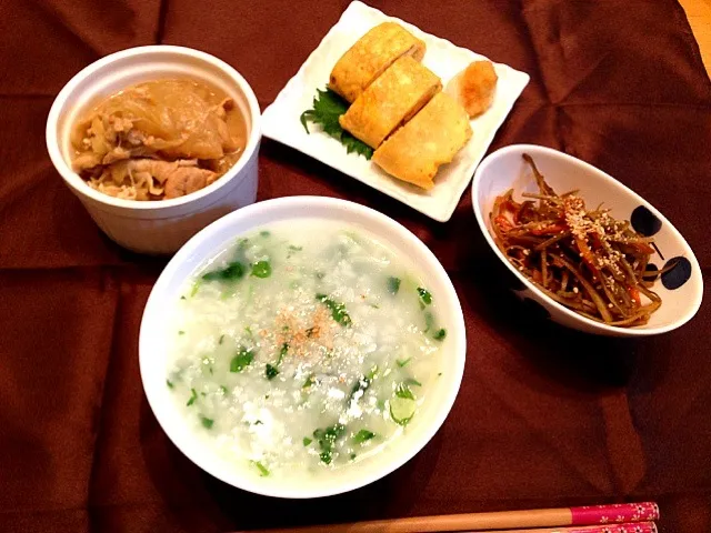 七草粥  豚大根の味噌煮  きんぴら    出し巻き卵|あつこんさん