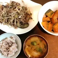 ラムとナスとモヤシのナンプラー炒め  かぼちゃの煮物  芽キャベツと油揚げの味噌汁|やなさんさん