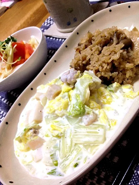 鶏肉と白菜のクリーム煮、きのこごはん添え|ゆうきさん