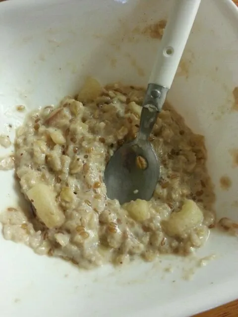 Snapdishの料理写真:oatmeal with apples,  cinnamon, milk, sugar, whole flax seeds|Xochitl Rodriguezさん