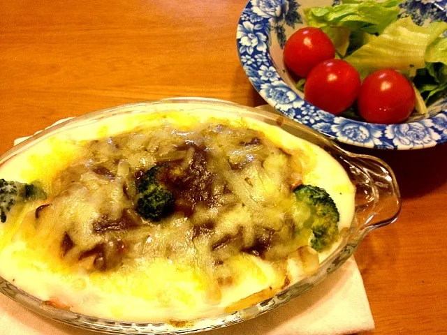 Snapdishの料理写真:残り物のカレーで                       スパゲティグラタン|おいもさん