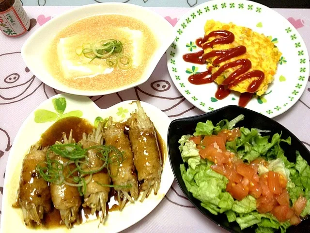 Snapdishの料理写真:もやし肉巻きの生姜焼き、鮭と野菜のオムレツ、明太豆腐、サラダ🌟|ゆぅこさん