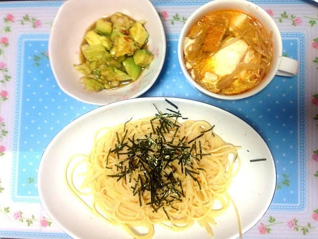 たらこパスタ&アボカド薬味ポン酢漬け&チゲスープ|maaaainさん