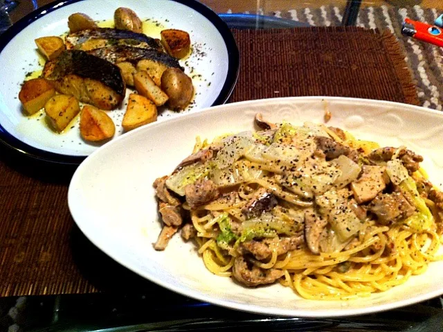 サワラのポワレとサルシッチャとジャンボ椎茸と白菜のクリームソースのスパゲッティ レモン風味かな‼|えびちゃんさん