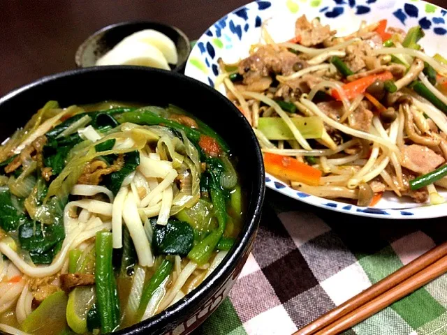 カレーうどん、肉野菜のオイスターソース炒め、たくあん|XLH883さん