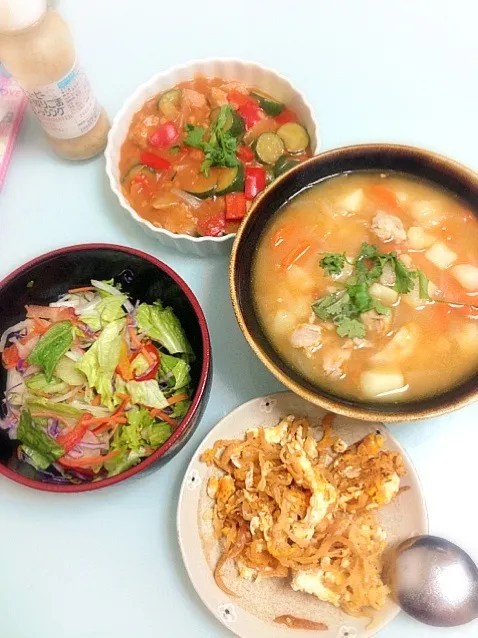 Sweet and sour pork, potato soup , salad, and egg with Chinese veggies fried|PhUnGさん