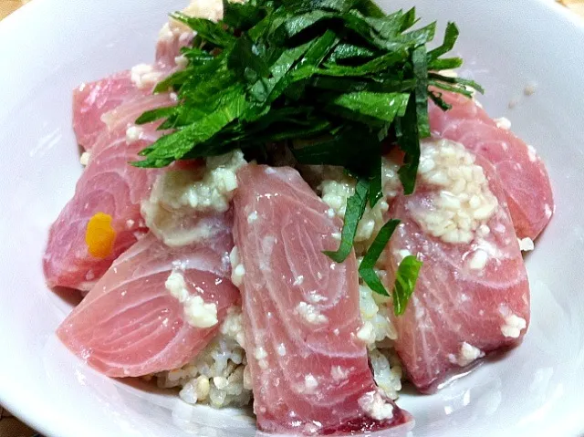 Snapdishの料理写真:天然寒ブリ丼(もち麦ご飯)|Yoko Hayashiさん