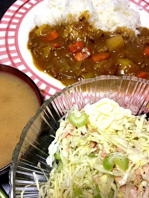 Snapdishの料理写真:#夕飯 セロリサラダ、豆腐なめこ味噌汁、生姜入り挽肉カレー。あったまった〜〜そしておかわりして食べ過ぎた感。|ms903さん