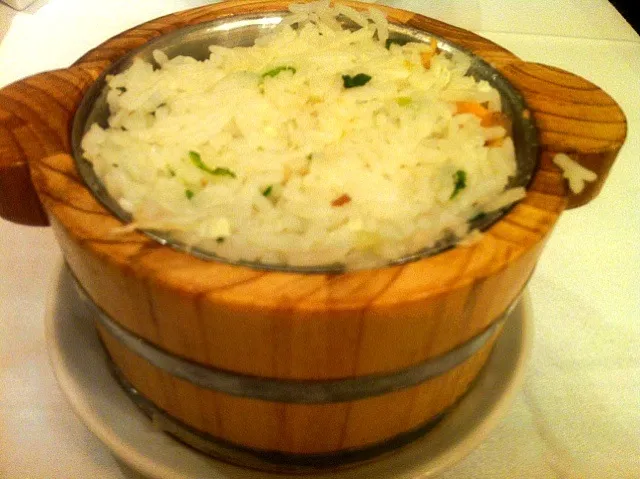 Smoked salmon & egg white rice in mini wooden pot|skyblueさん