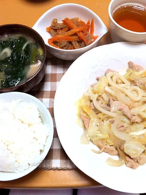 きんぴらごぼう、味噌汁、塩焼うどん|tomrowさん