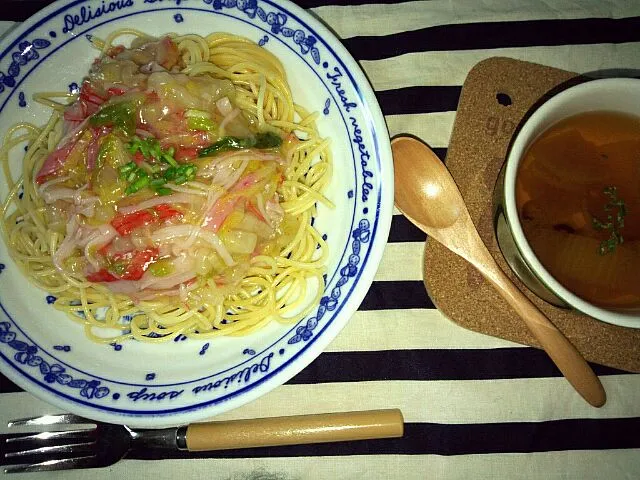 白菜消費のあんかけパスタとスープ|みにーさん