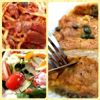 Fresh salad, Bucatini all'amatriciana & Chicken piccata|Rice Bunnyさん