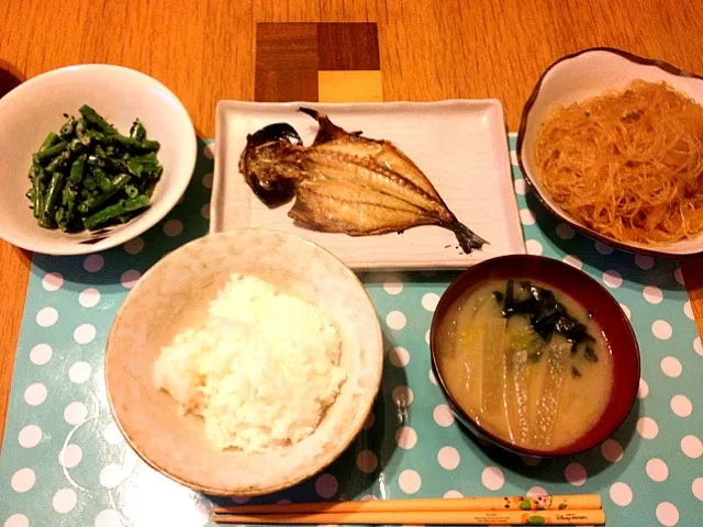 Snapdishの料理写真:あじの開き、麻婆春雨、いんげんのゴママヨ和え|なおさん