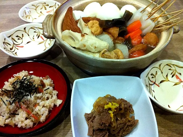 鍋おでん・牛こましぐれ煮・キンピラ残り牛肉酢飯混ぜご飯|まーままさん