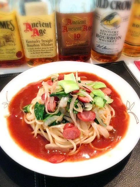 青梗菜とソーセージのあんかけスパ|たけさん