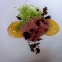 Snapdishの料理写真:tuna sashimi, brussel sprout and chervil slaw, guanciale powder and chamomile infused Meyer lemons.|meaghann marcilleさん