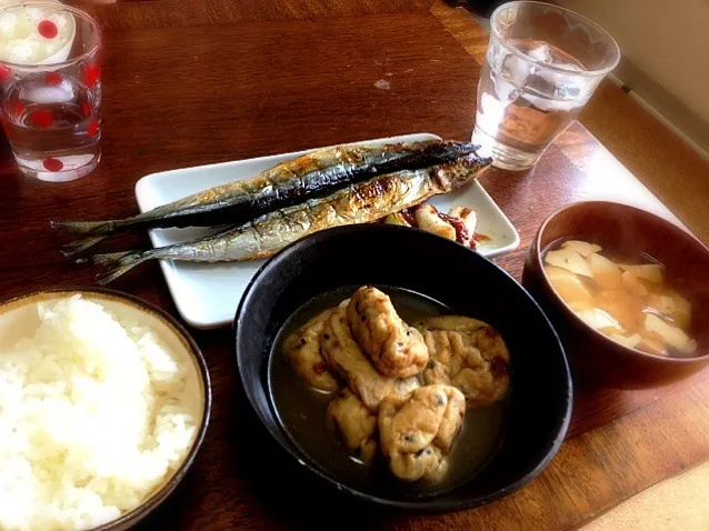 がんもの煮浸し、さんまとネギの梅マリネ、豆腐のお吸い物|tesasakiさん