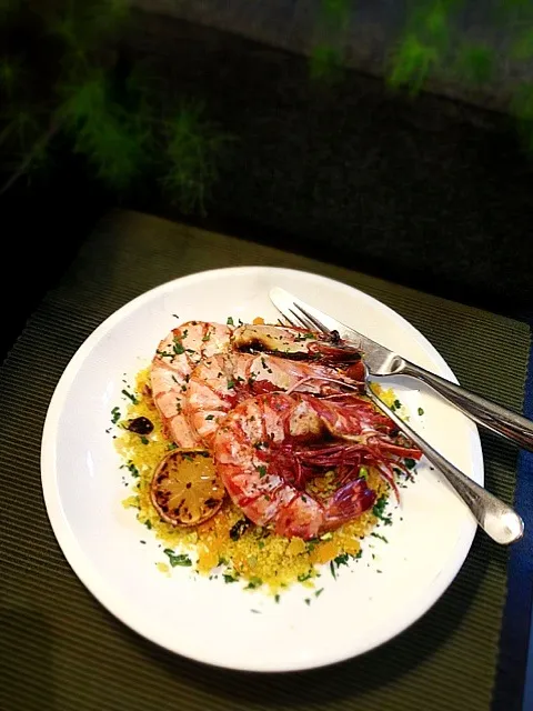 Grilled tiger prawns,couscous with apricots, raisins, pistachios, saffron and cinnamon|rick chanさん