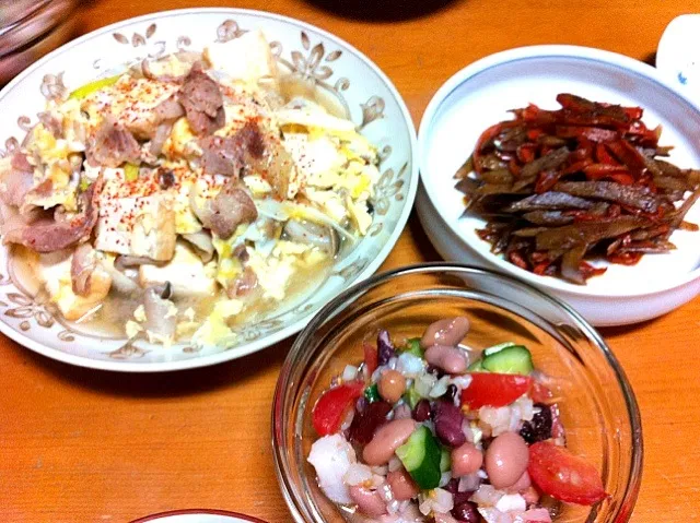 1月13日の晩ごはん♪厚揚げと豚肉の卵とじ・きんぴらごぼう・豆サラダ|あられさん