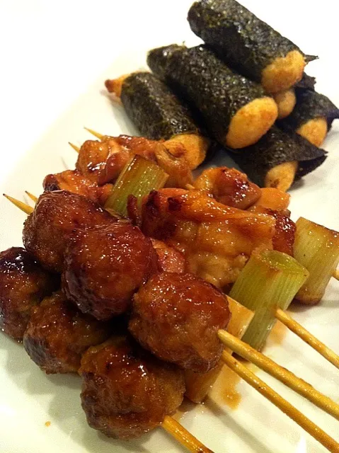 大和芋のふわふわ揚げ，焼き鳥タレ(ねぎま、つくね)|あみん´ω`)ﾉさん