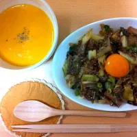 肉そぼろとお野菜の和パスタ＆かぼちゃのポタージュ|megumiさん