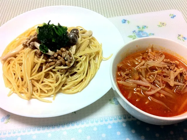 納豆パスタ ★もやしと豚肉のキムチスープ|みきさん