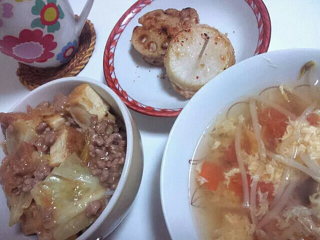 厚揚げ麻婆丼・根菜のお肉はさみ焼き・中華すーぷ|かとぅさん