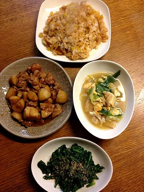 ★じゃがいもと鶏肉の甘辛煮★ほうれん草の胡麻和え★あげとネギの炊いたん★たくあんの炒飯|三宅 里美さん