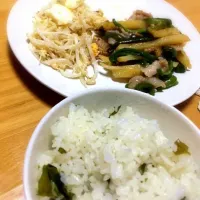 わかめご飯と青椒肉絲ともやしサラダ|ゆみさん