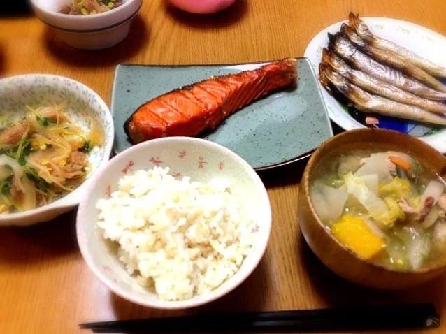 焼き鮭、ししゃも、豚汁、野菜とお肉炒め、発芽玄米ご飯|まりこさん