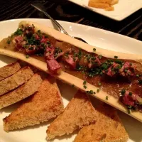 Snapdishの料理写真:beef bone marrow with housemade pastrami, pickled mustard seed & the bread toast|Nicoleさん