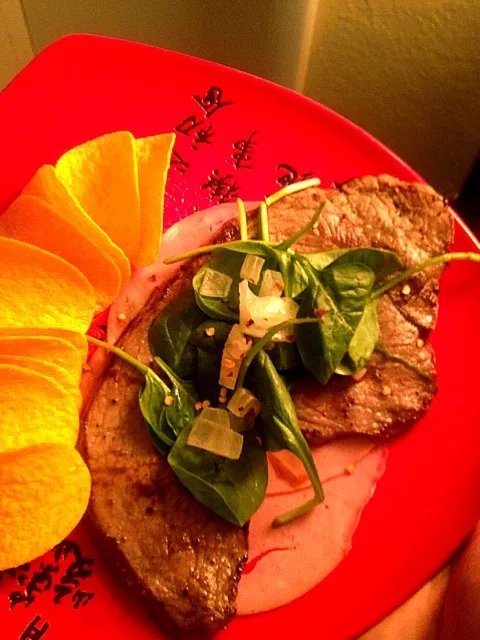 STEAKunder Mortadella topped w/spinach&onions side of cheddar Pringles :-)|Carlos Baezさん