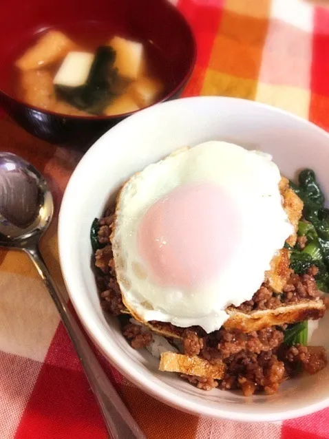 Snapdishの料理写真:小松菜と挽肉の甘辛オイスター丼|Mさん