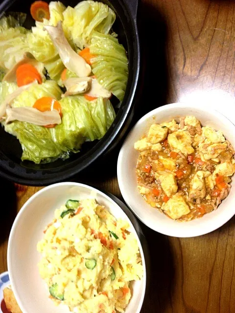 Snapdishの料理写真:麻婆豆腐♡温野菜♡ポテサラ|ごりにゃんさん