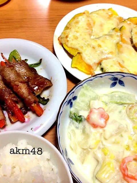 白菜と鶏だんごのクリーム煮、野菜の肉巻き、かぼちゃマヨチーズ|アーちゃんさん