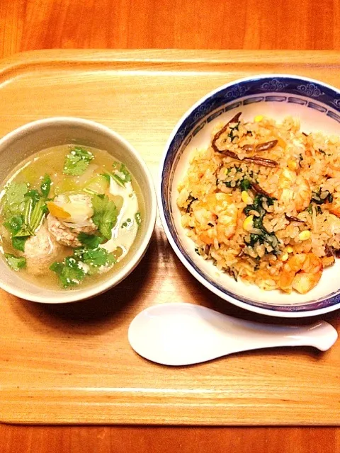 海老とナムルの炒飯、鶏肉団子スープ|ゆう子さん