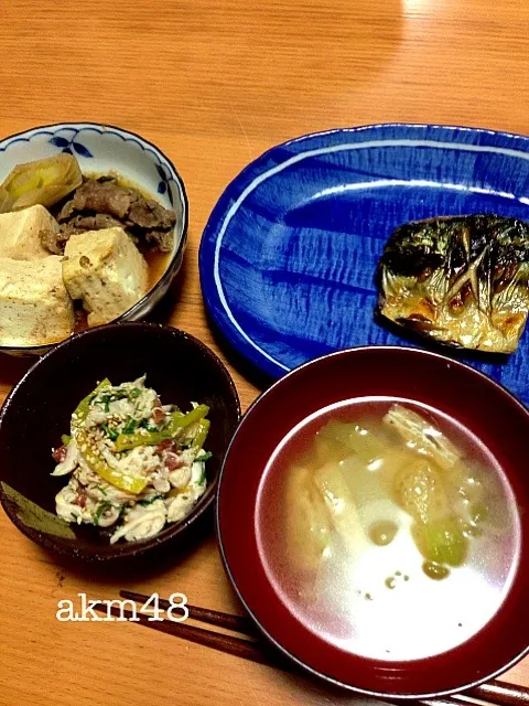 塩鯖、肉豆腐、鶏ささ身とたくあんの梅あえ|アーちゃんさん