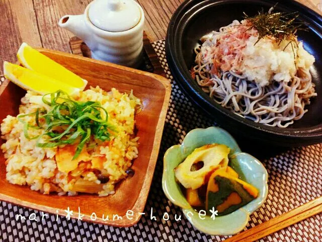 Snapdishの料理写真:cocoateaさんのちゃんちゃん炊き込みご飯*越前そば*かぼちゃの煮付け(*^^*)|mari*さん