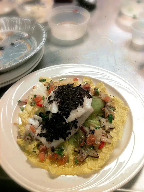 Battered halibut with leek spring rolls in a cabbage leaf|Shaun Hudsonさん