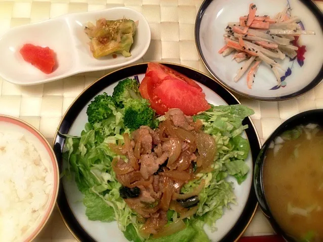 Snapdishの料理写真:夕飯〜生姜焼き風サラダ ゴボウ和え 焼き茄子 明太子〜|美羽さん