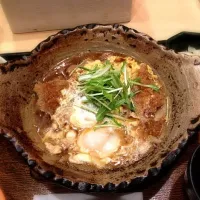 四元豚のロースかつ玉子とじ土鍋定食(ご飯少なめ、味噌汁、沢庵付)|にゃんさん