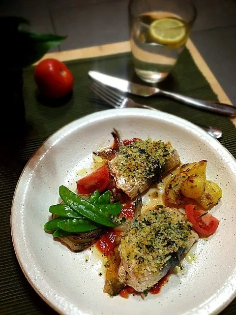 Roasted aji stuffed with peppers and herb crust,potato with rosemary|rick chanさん