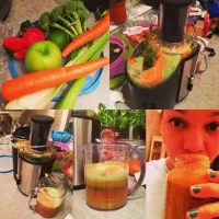 new juicer! a Granny Smith apple, a lime, strawberries, celery, carrots, broccoli, spinach, and cilantro all juiced up!|Gaby Cさん