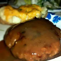 Snapdishの料理写真:Hamburger steak with twice-baked potato and salad|Fluffycakes Dumplingfistsさん